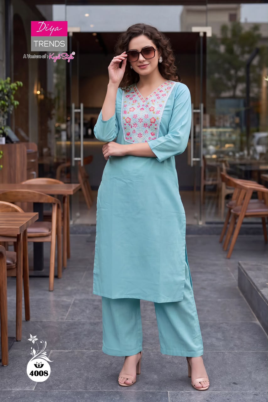 Design 4001 To 4010 Diya Trends Dhabu Cotton Kurti Plazzo Set Supplier India