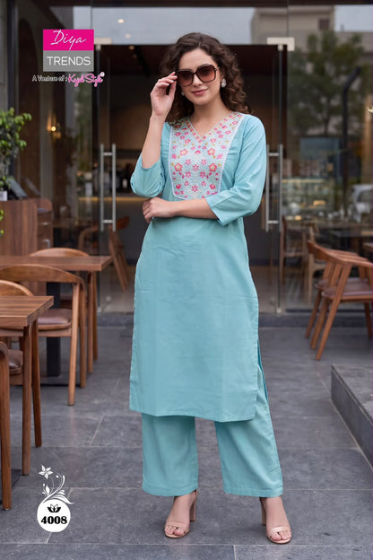 Design 4001 To 4010 Diya Trends Dhabu Cotton Kurti Plazzo Set Supplier India