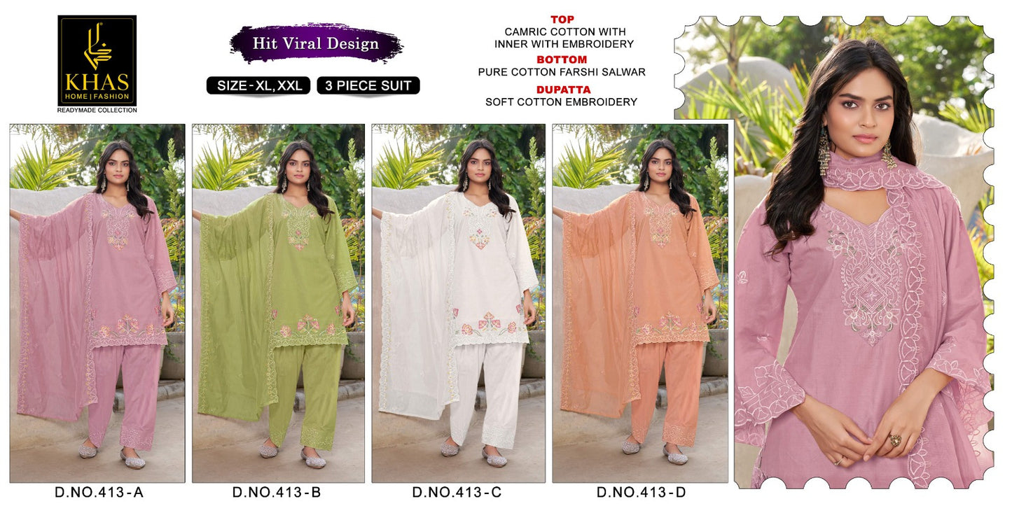 Design 413 Khas Cambric Cotton Pakistani Readymade Suits Wholesaler India