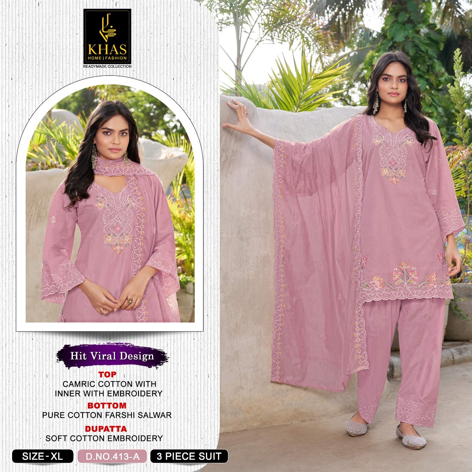 Design 413 Khas Cambric Cotton Pakistani Readymade Suits Wholesaler India