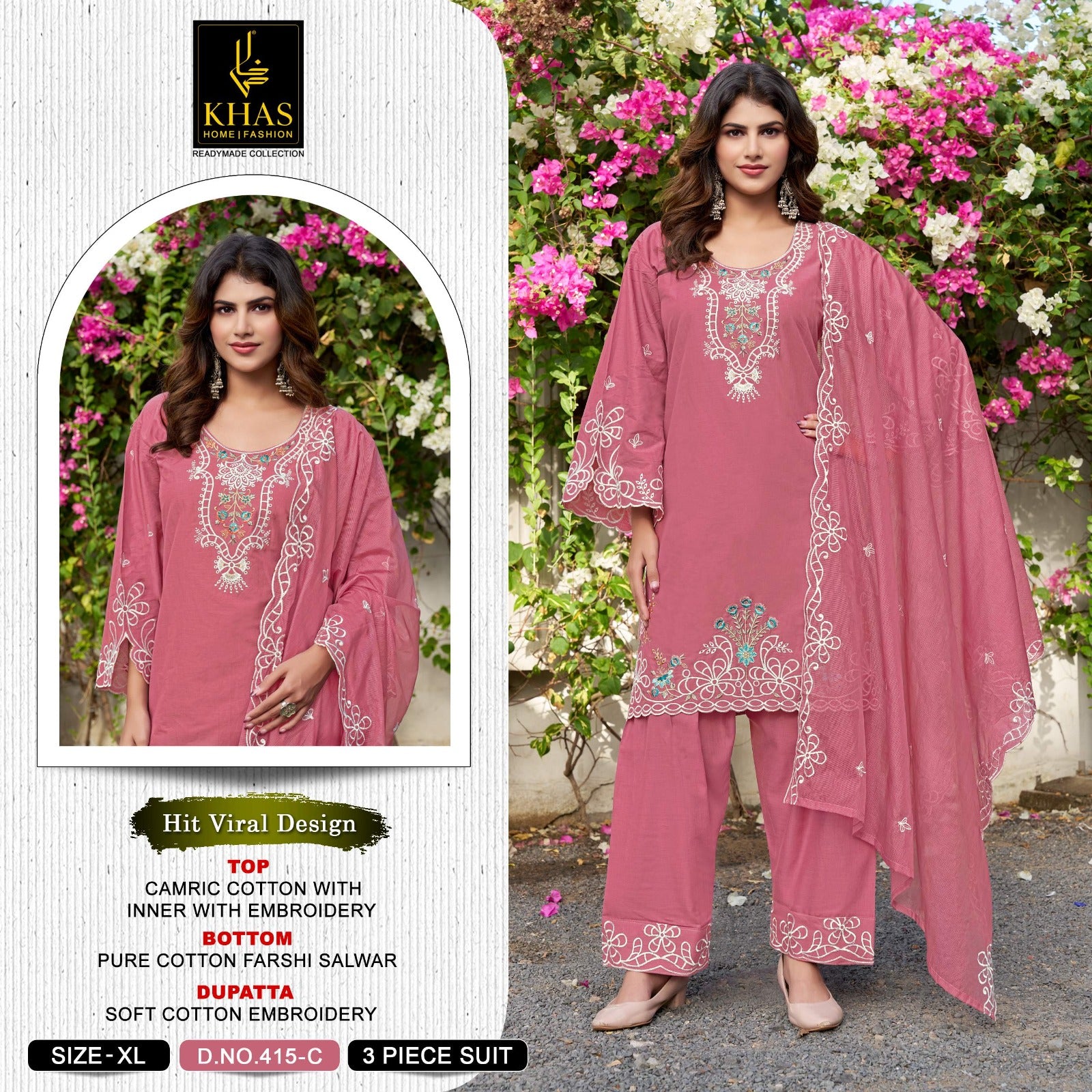 Design 415 Khas Cambric Cotton Pakistani Readymade Suits Exporter Gujarat