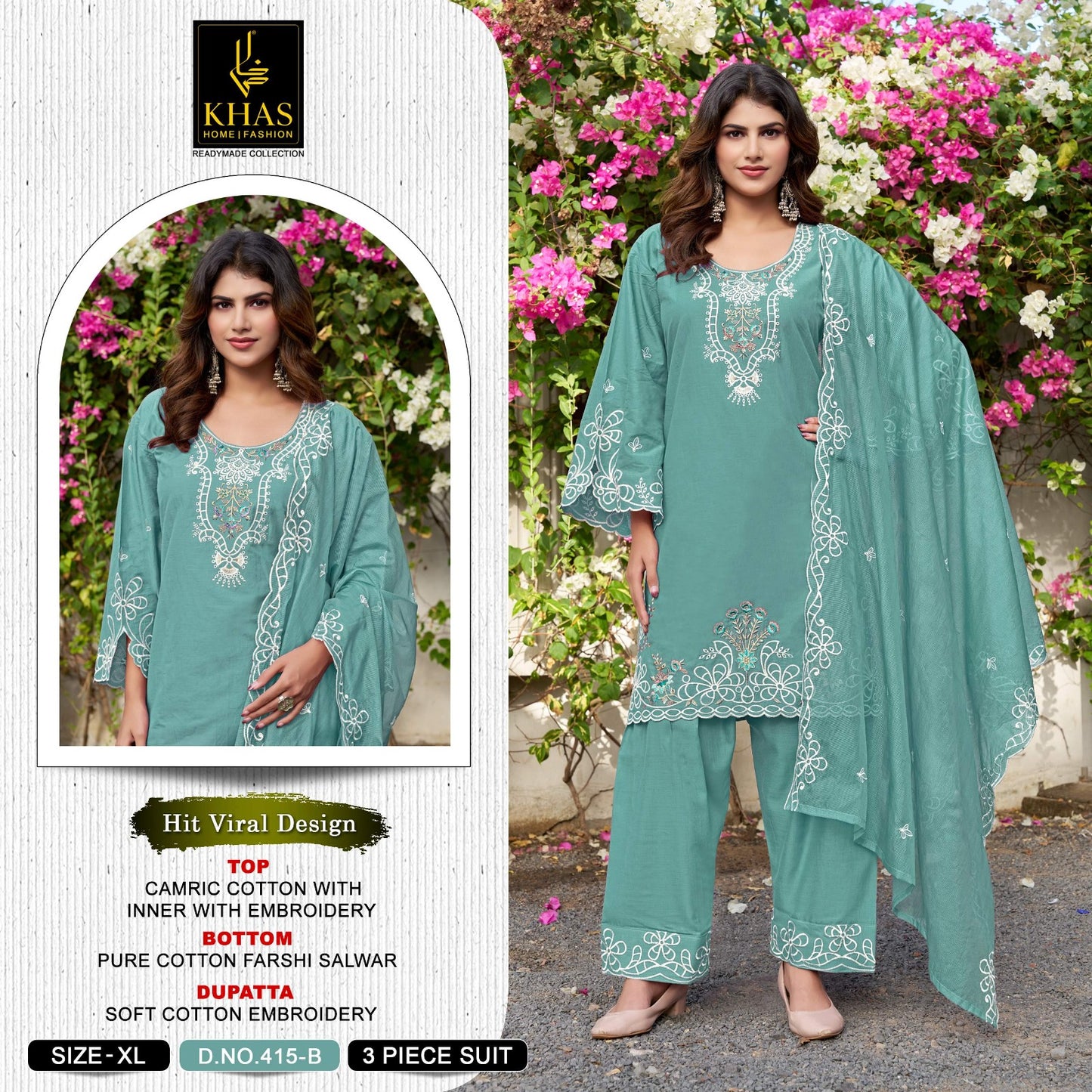 Design 415 Khas Cambric Cotton Pakistani Readymade Suits Exporter Gujarat