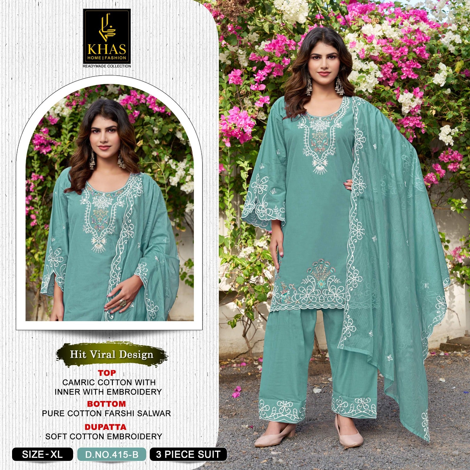 Design 415 Khas Cambric Cotton Pakistani Readymade Suits Exporter Gujarat