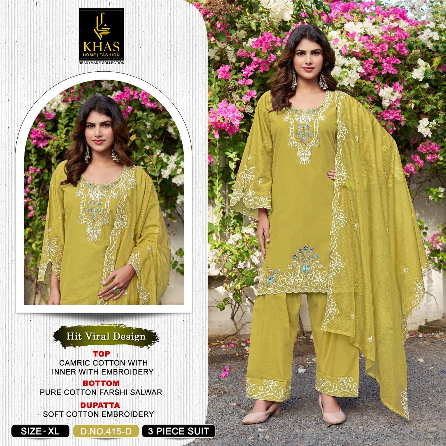 Design 415 Khas Cambric Cotton Pakistani Readymade Suits Exporter Gujarat