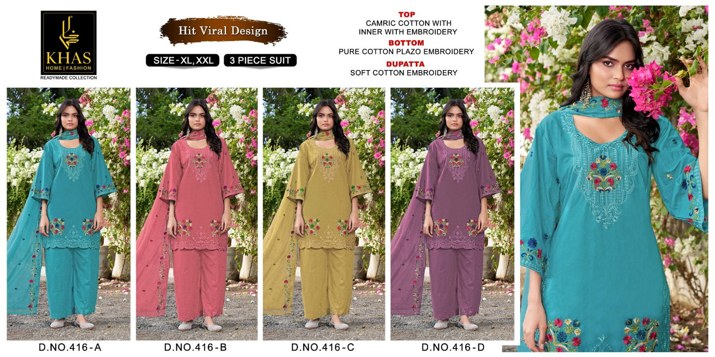Design 416 Khas Cambric Cotton Pakistani Readymade Suits Wholesale Price
