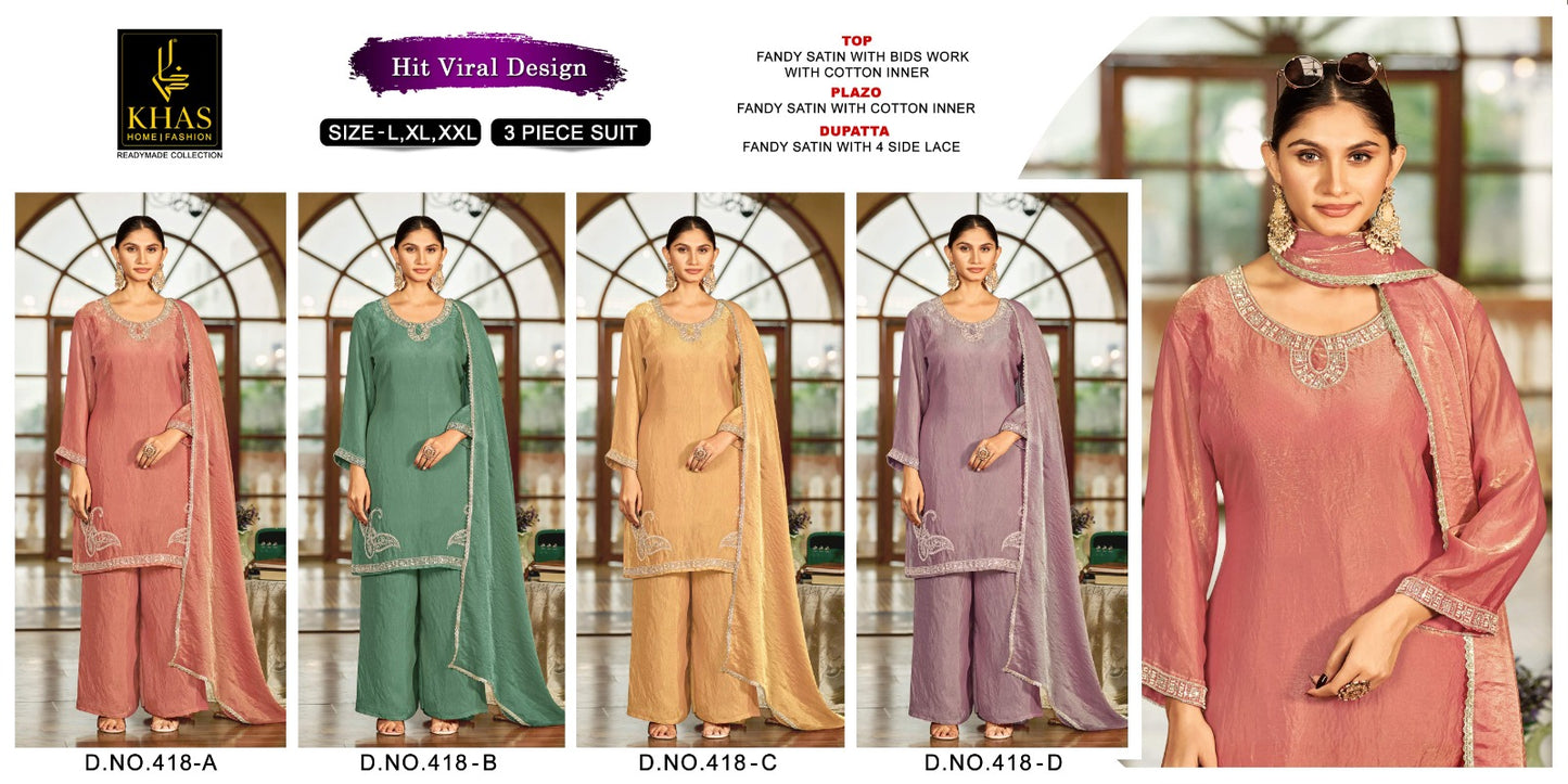 Design 418 Khas Fandy Satin Pakistani Readymade Suits Wholesaler Gujarat