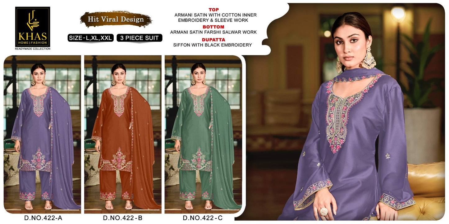 Design 422 Khas Armani Satin Pakistani Readymade Suits Manufacturer Ahmedabad