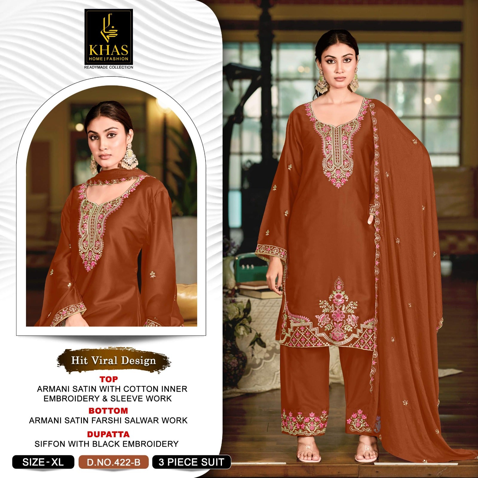 Design 422 Khas Armani Satin Pakistani Readymade Suits Manufacturer Ahmedabad