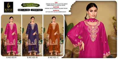 Design 423 Khas Armani Satin Pakistani Readymade Suits Wholesale