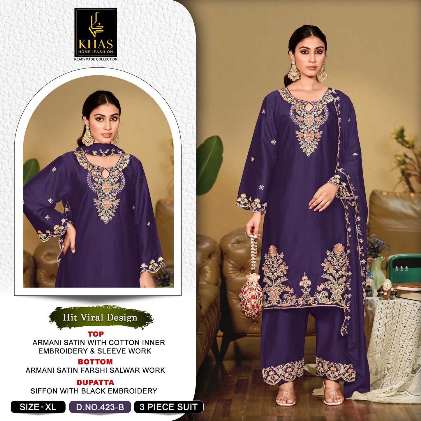 Design 423 Khas Armani Satin Pakistani Readymade Suits Wholesale
