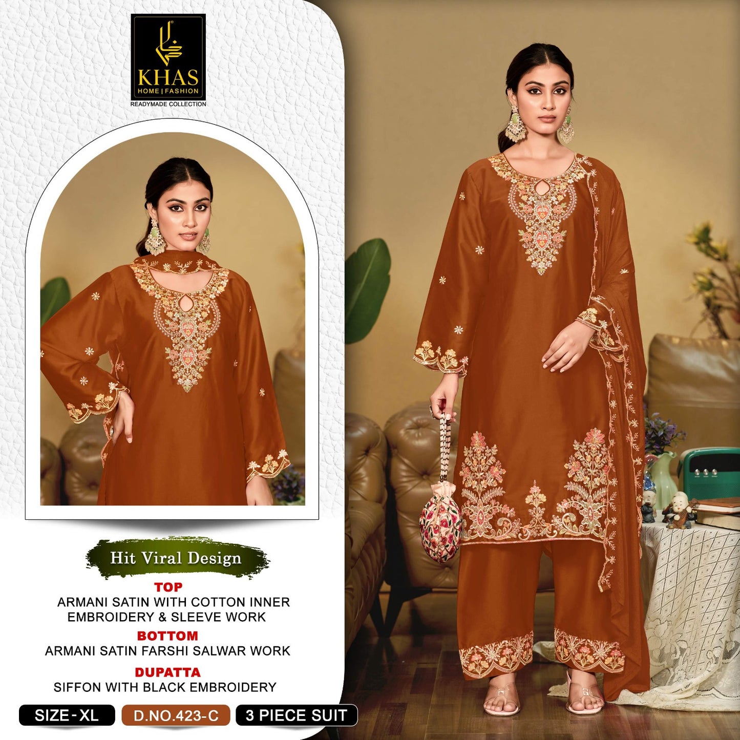 Design 423 Khas Armani Satin Pakistani Readymade Suits Wholesale