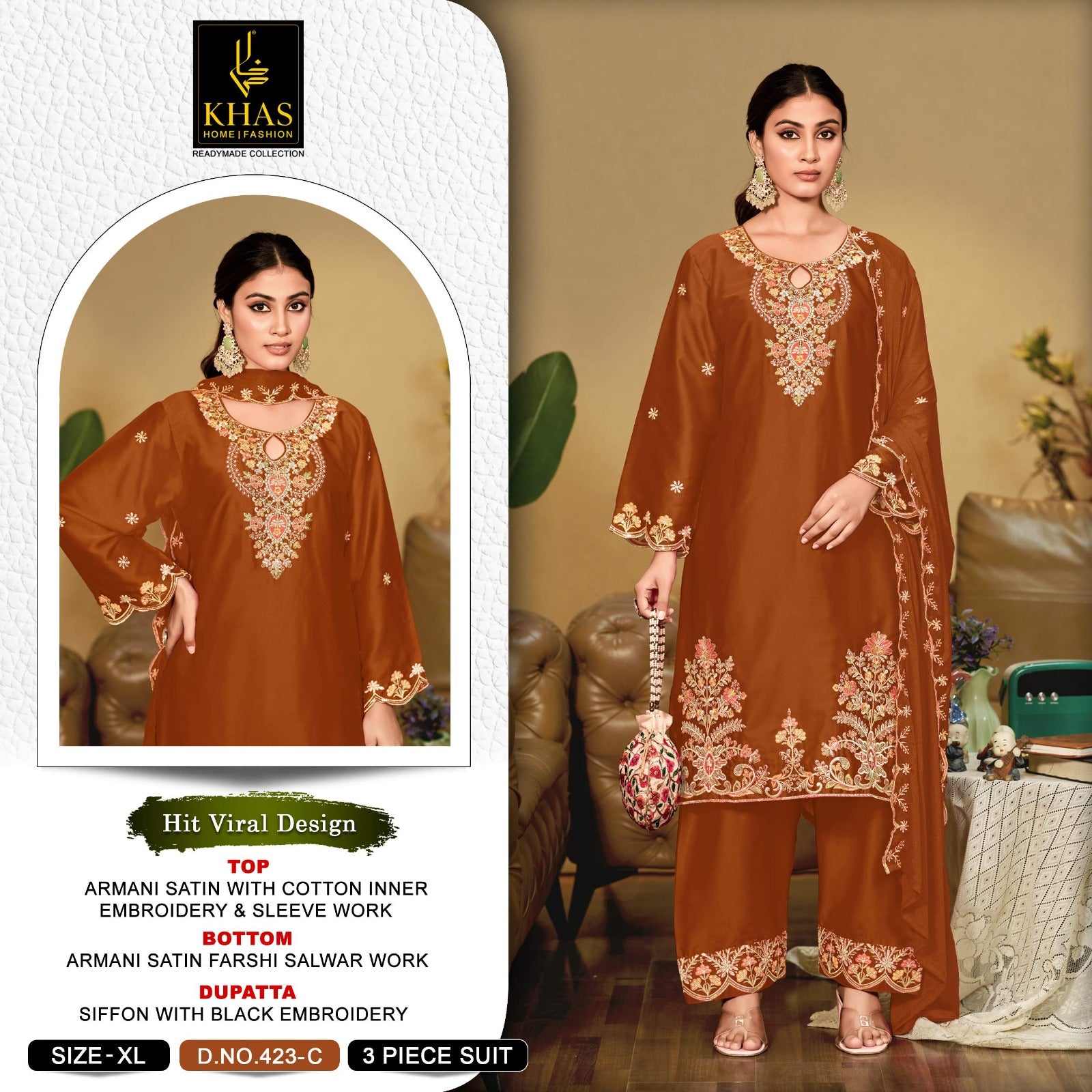 Design 423 Khas Armani Satin Pakistani Readymade Suits Wholesale