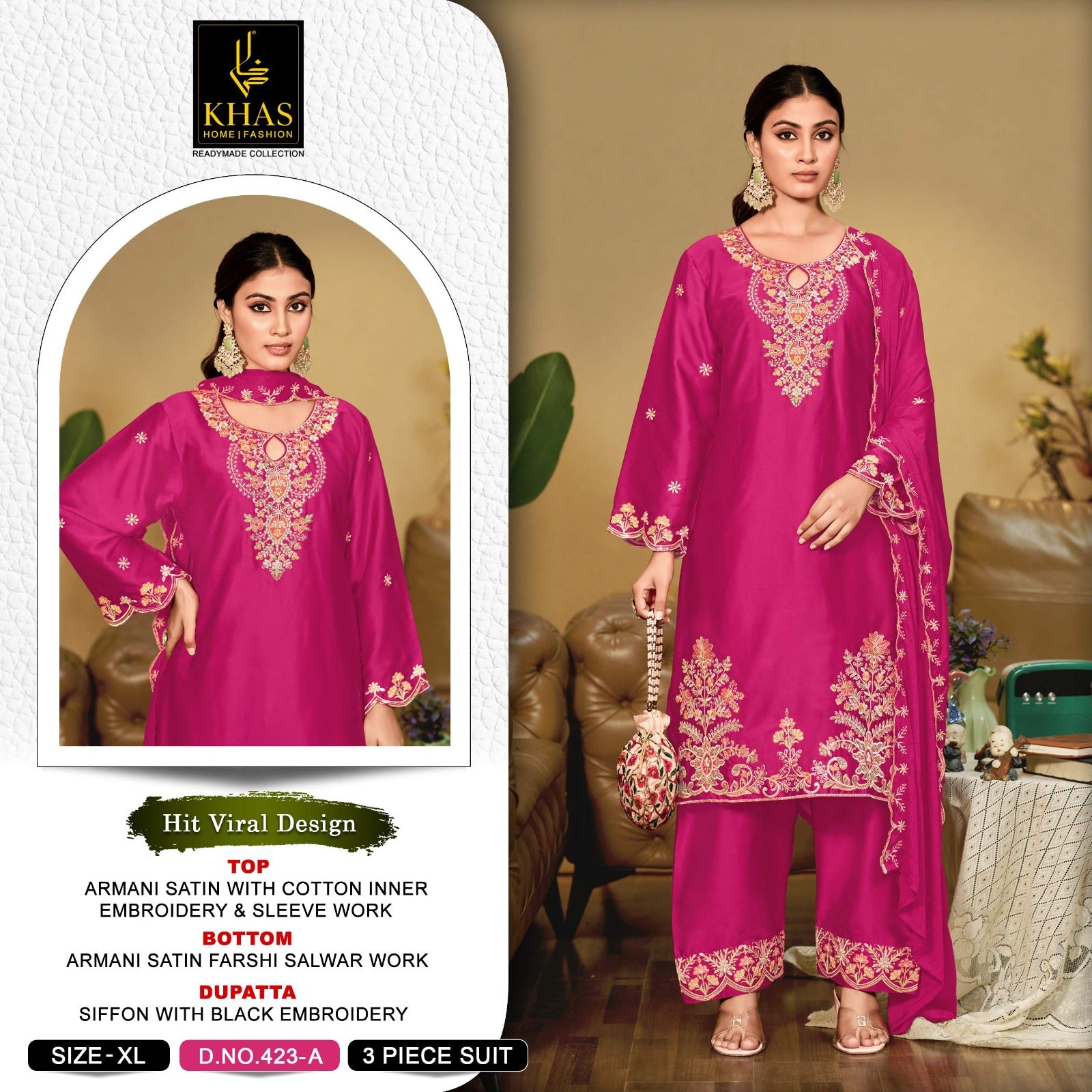 Design 423 Khas Armani Satin Pakistani Readymade Suits Wholesale