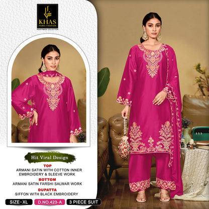Design 423 Khas Armani Satin Pakistani Readymade Suits Wholesale