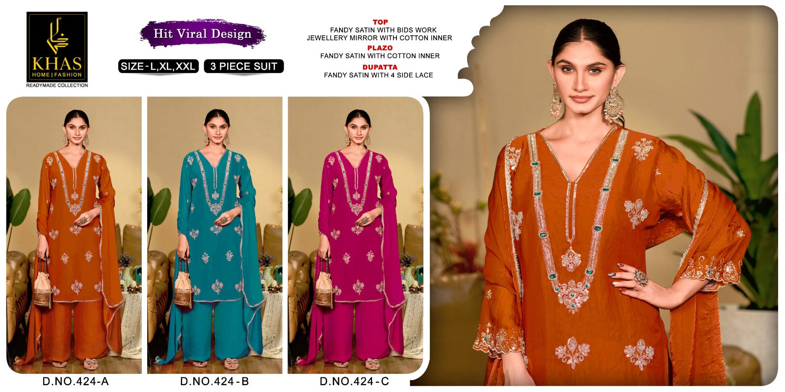 Design 424 Khas Fandy Satin Pakistani Readymade Suits Wholesaler Gujarat