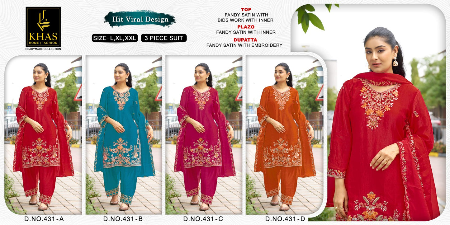 Design 431 Khas Fandy Satin Pakistani Readymade Suits Wholesale Rate