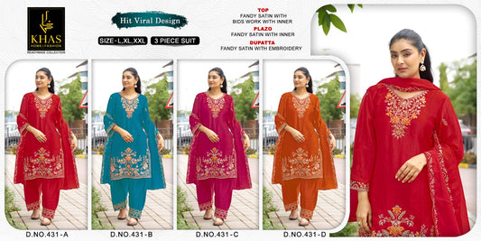 Design 431 Khas Fandy Satin Pakistani Readymade Suits Wholesale Rate