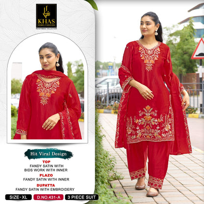 Design 431 Khas Fandy Satin Pakistani Readymade Suits Wholesale Rate