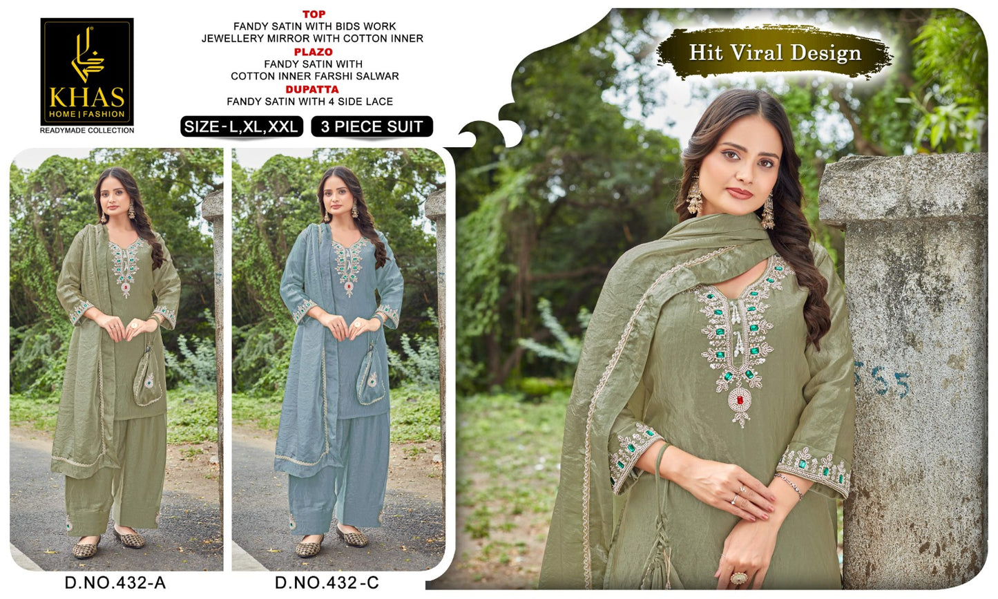 Design 432 Khas Fandy Satin Pakistani Readymade Suits Wholesaler