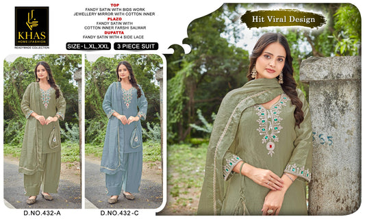 Design 432 Khas Fandy Satin Pakistani Readymade Suits Wholesaler