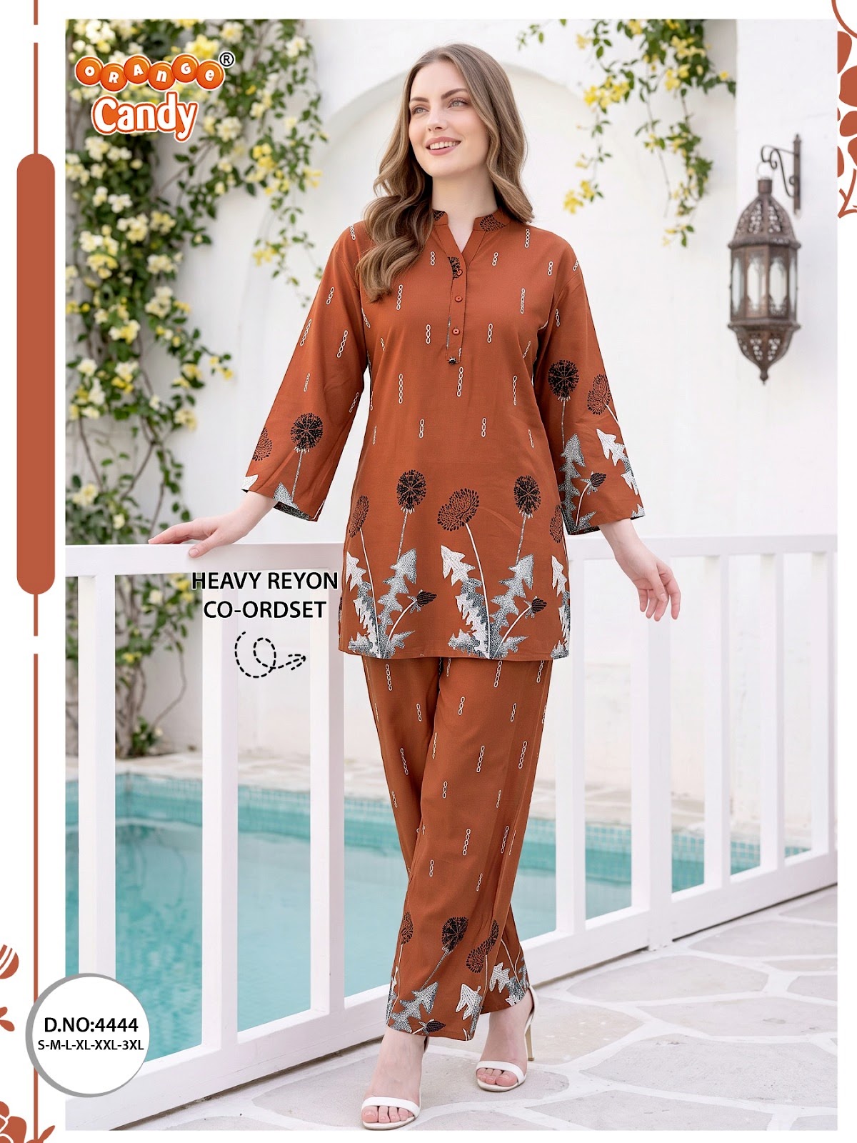 Design 4444 Orange Candy Reyon Co Ord Set Wholesale Price