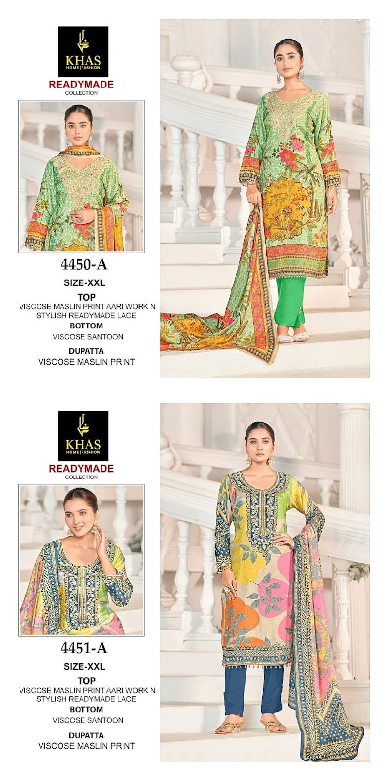 Design 4450-4451 Khas Viscose Muslin Pakistani Readymade Suits Wholesale Price