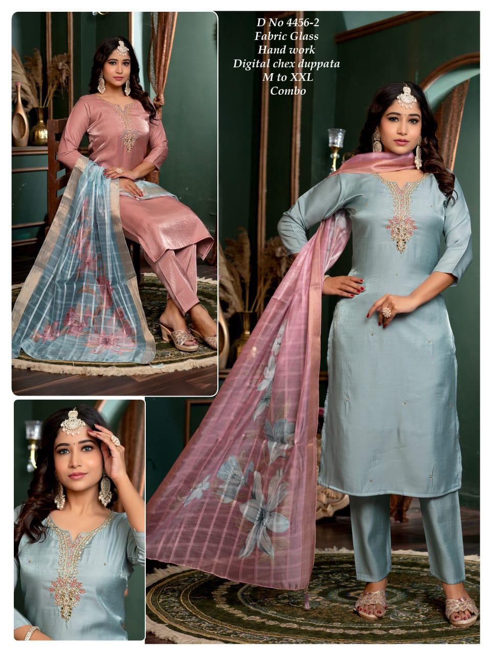Design 4456 1 To 5 Maira Roman Silk Readymade Pant Style Suits Wholesale Price