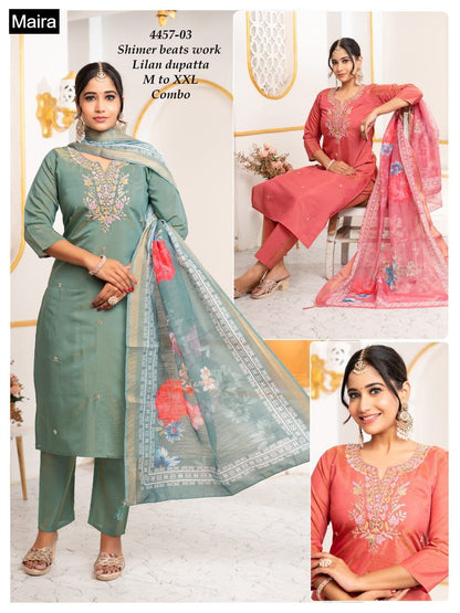 Design 4457-01 To 10 Maira Shimmer Readymade Pant Style Suits Wholesale Price