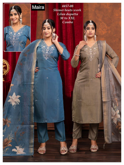 Design 4457-01 To 10 Maira Shimmer Readymade Pant Style Suits Wholesale Price