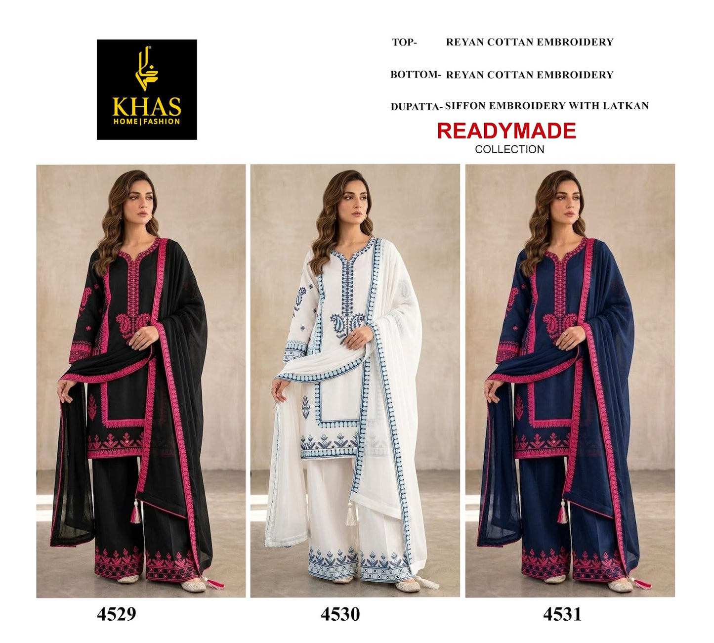 Design 4529-4531 Khas Cotton Rayon Pakistani Readymade Suits Supplier Gujarat
