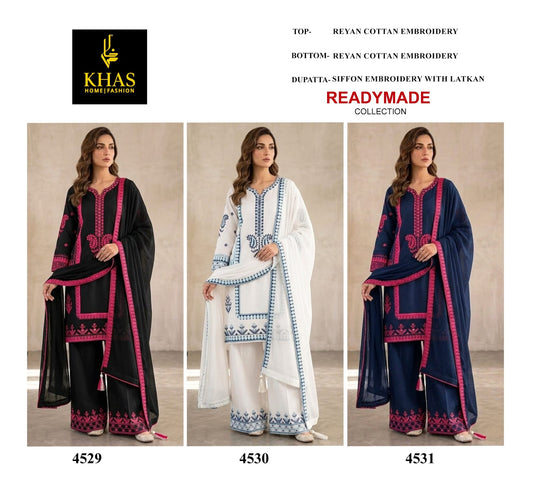 Design 4529-4531 Khas Cotton Rayon Pakistani Readymade Suits Supplier Gujarat