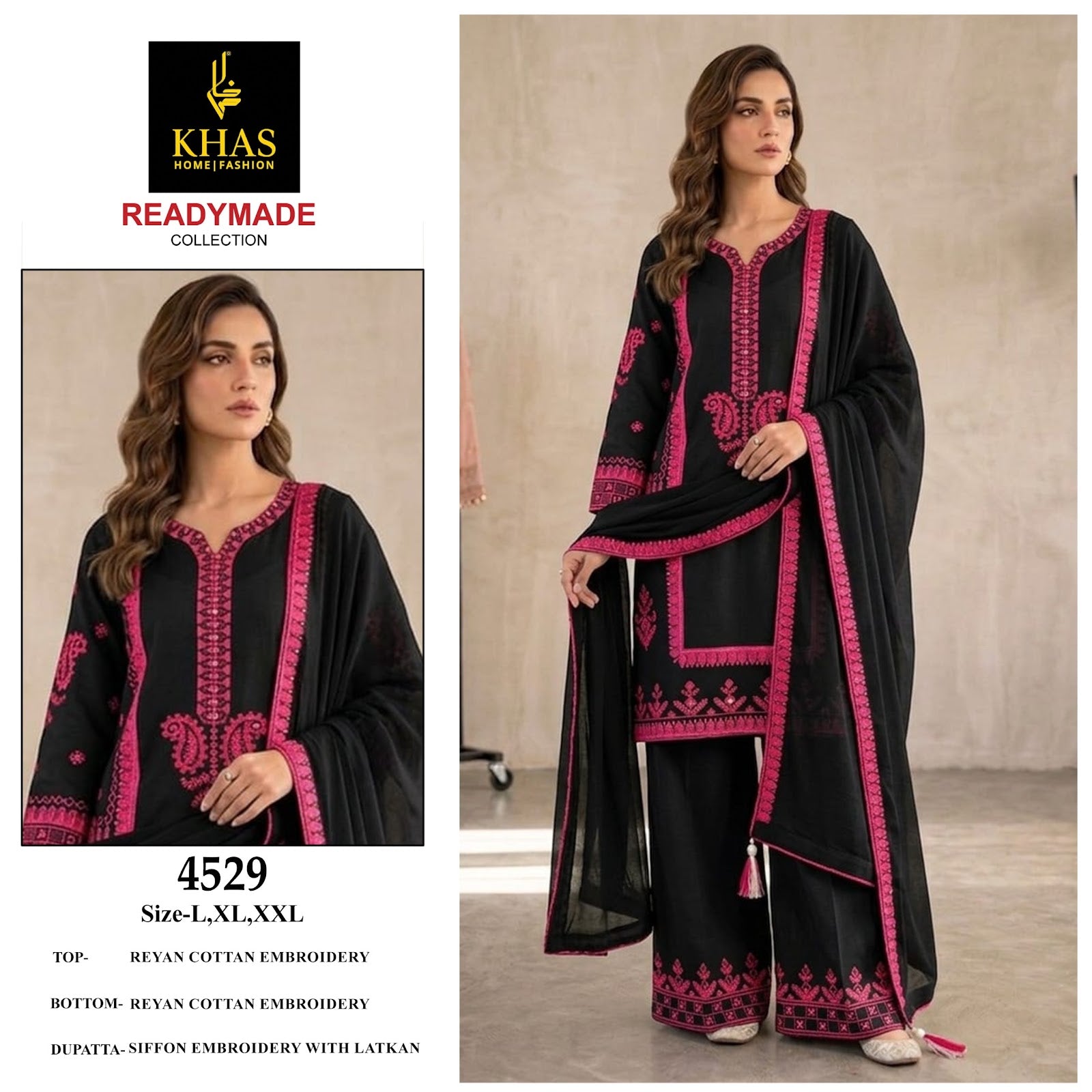 Design 4529-4531 Khas Cotton Rayon Pakistani Readymade Suits Supplier Gujarat
