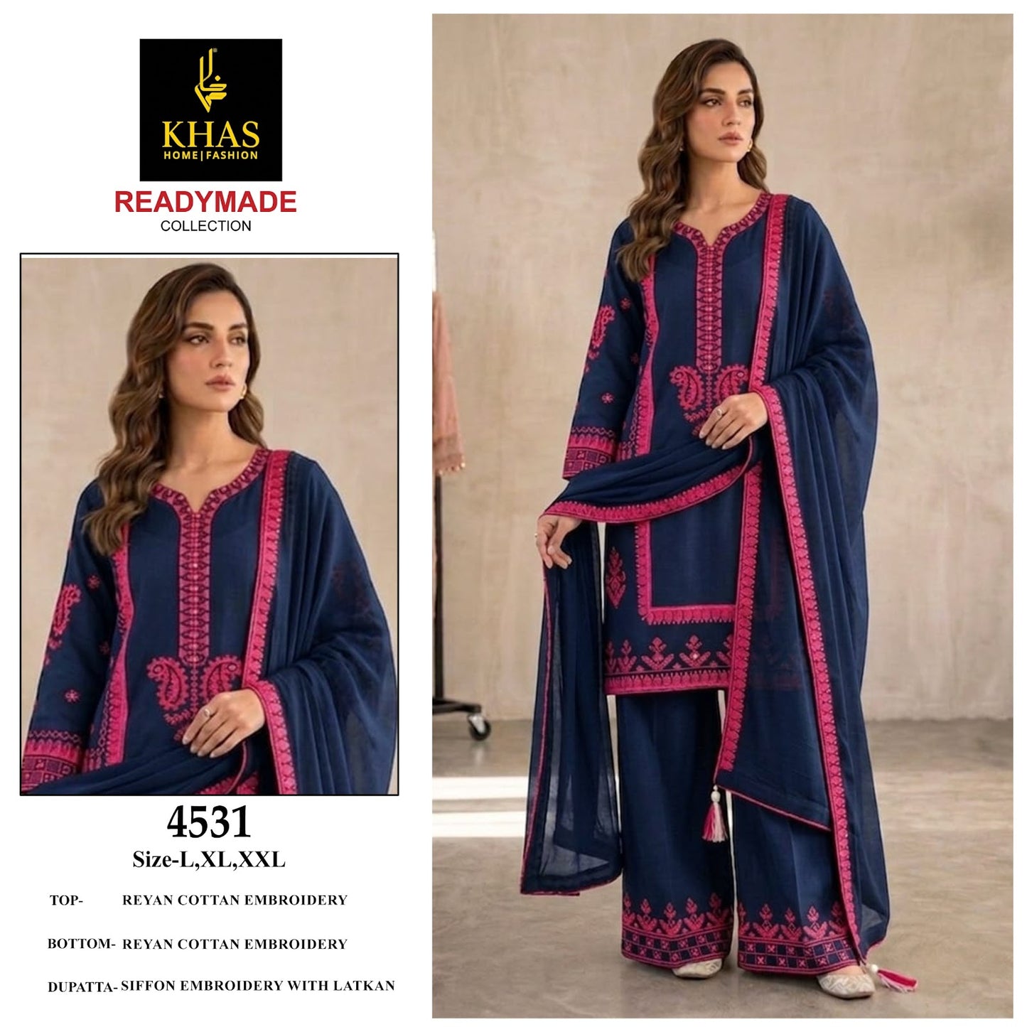 Design 4529-4531 Khas Cotton Rayon Pakistani Readymade Suits Supplier Gujarat