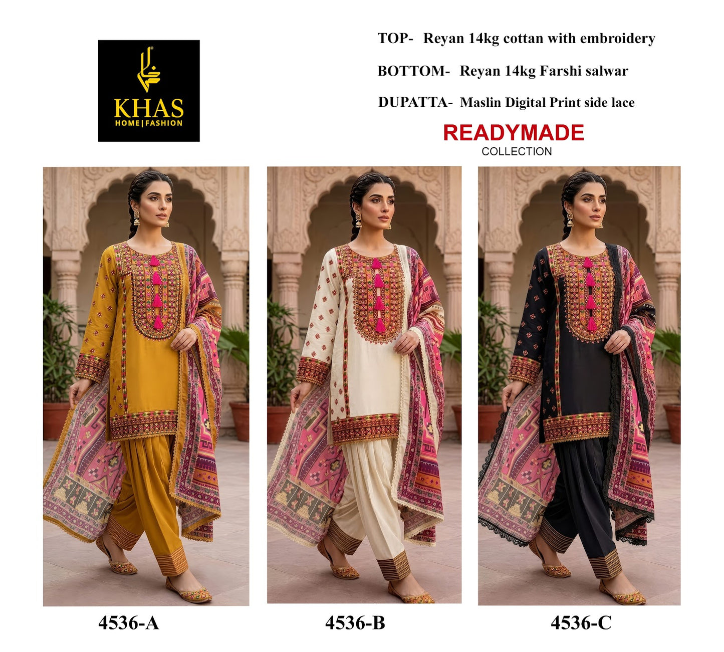 Design 4536 Khas Reyon Pakistani Readymade Suits Exporter India