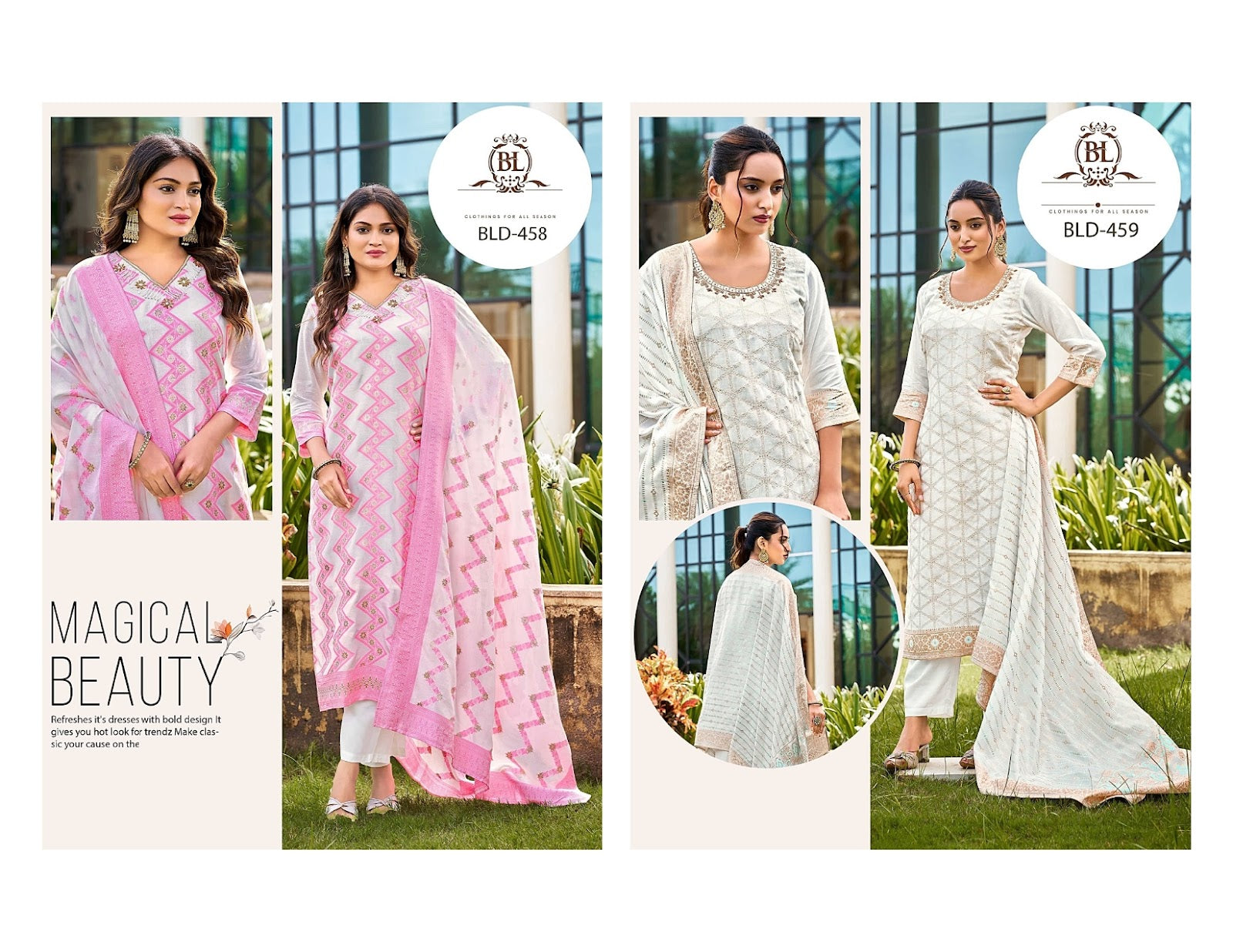 Design 458-459 Bl Muslin Jacquard Readymade Pant Style Suits Manufacturer