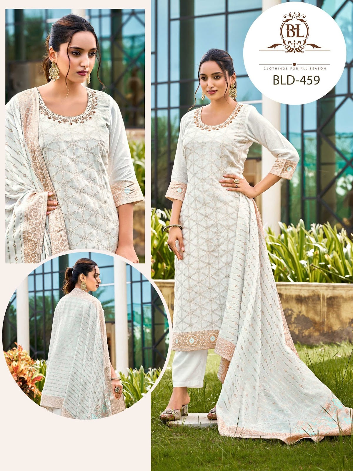 Design 458-459 Bl Muslin Jacquard Readymade Pant Style Suits Manufacturer