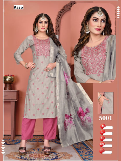 Design 5001-5008 Kaso Roman Silk Readymade Pant Style Suits Wholesale