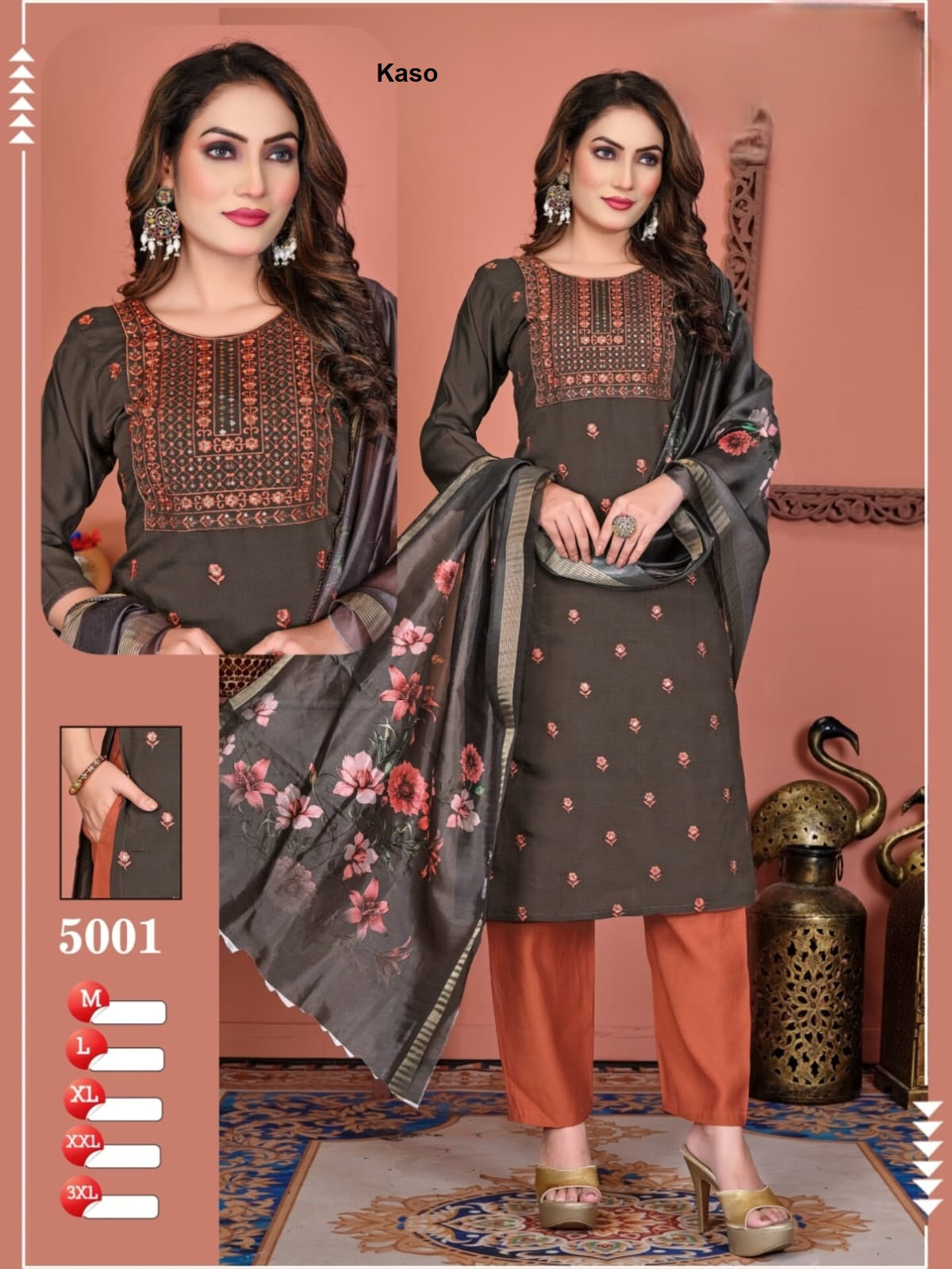 Design 5001-5008 Kaso Roman Silk Readymade Pant Style Suits Wholesale