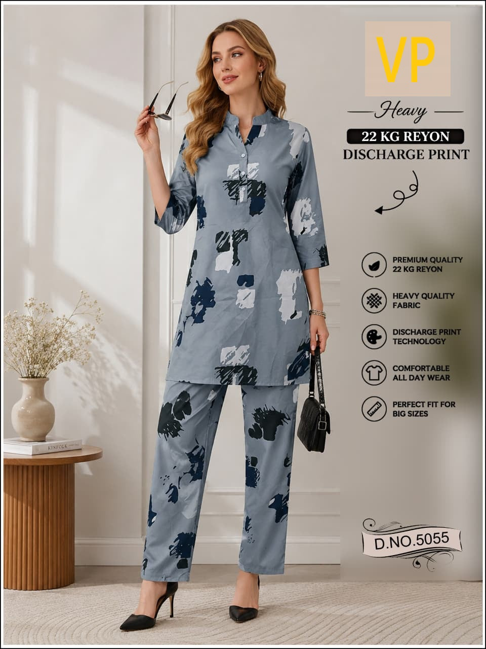 Design 5055 Kurta Style Vp Rayon 22Kg Co Ord Set Wholesaler Ahmedabad