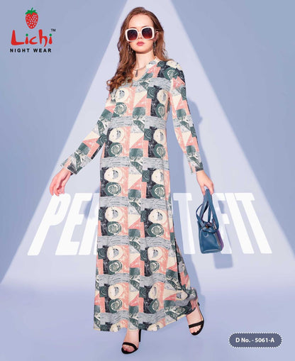 Design 5061 Full Sleeves Lichi Sinker Night Gowns Exporter