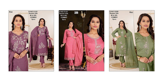 Design 5099-5101 Ksc Roman Silk Readymade Pant Style Suits Wholesale