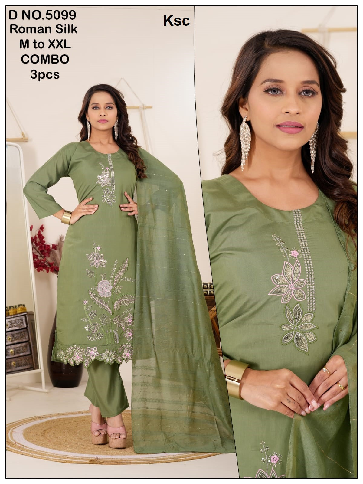 Design 5099-5101 Ksc Roman Silk Readymade Pant Style Suits Wholesale
