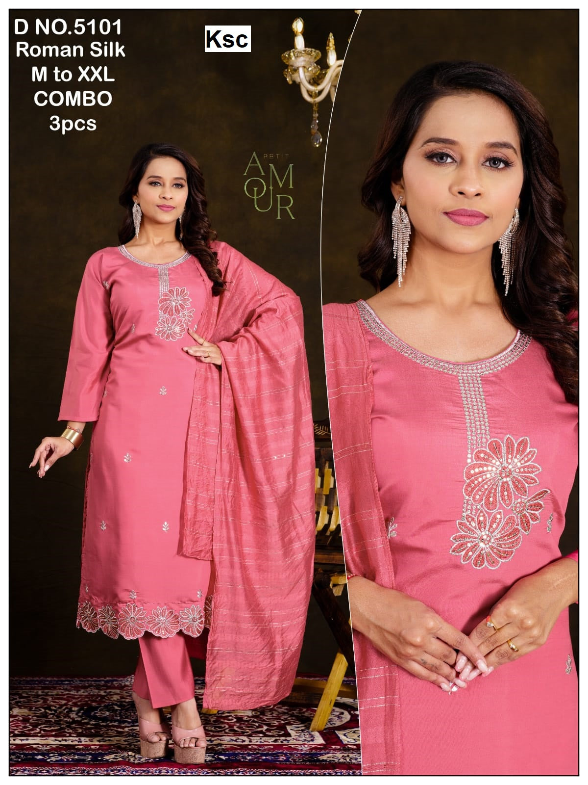 Design 5099-5101 Ksc Roman Silk Readymade Pant Style Suits Wholesale