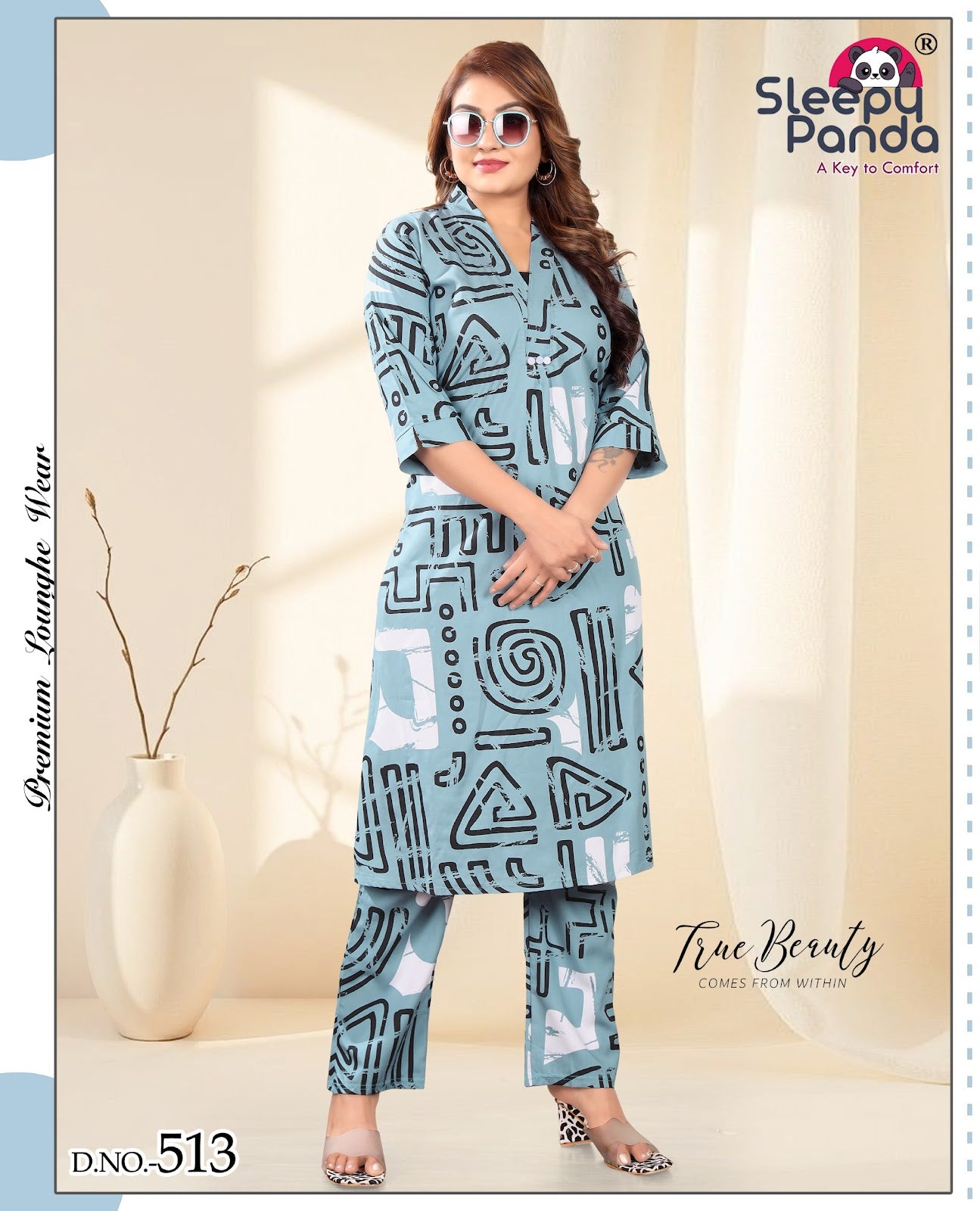 Design 513 Sleepy Panda Rayon 22Kg Kurti Pant Set Wholesale