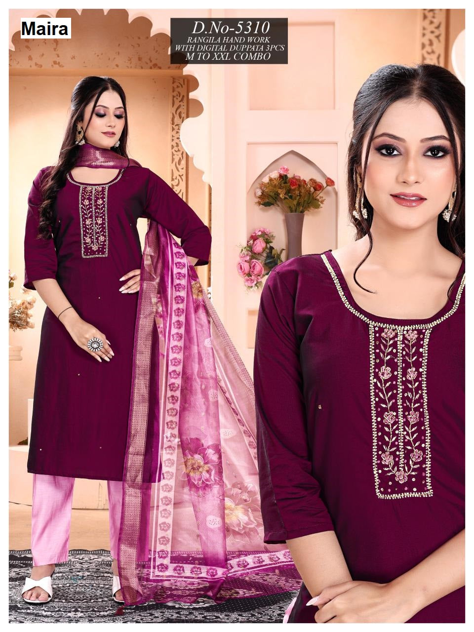 Design 5309-5312 Maira Silk Readymade Pant Style Suits Wholesale