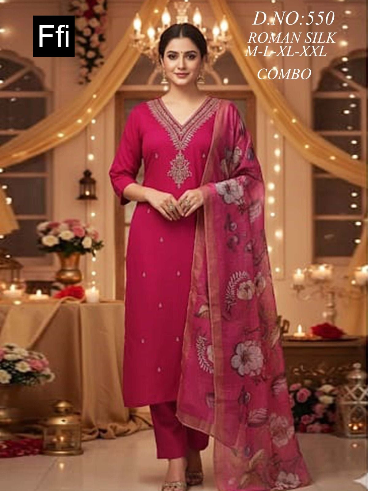 Design 550 Ffi Roman Silk Readymade Pant Style Suits Supplier India