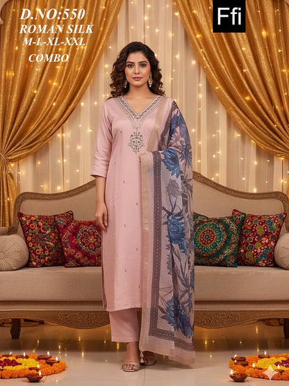 Design 550 Ffi Roman Silk Readymade Pant Style Suits Supplier India