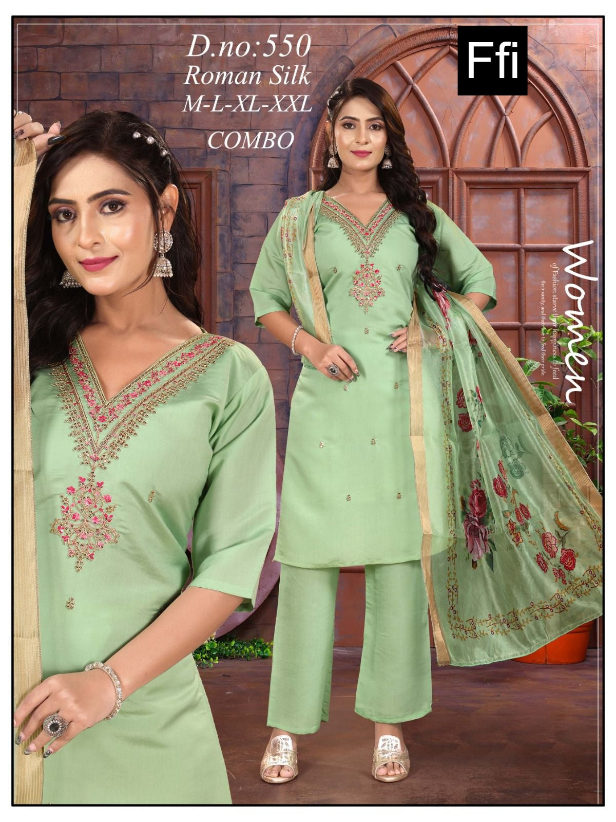 Design 550 Ffi Roman Silk Readymade Pant Style Suits Supplier India