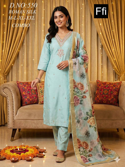 Design 550 Ffi Roman Silk Readymade Pant Style Suits Supplier India