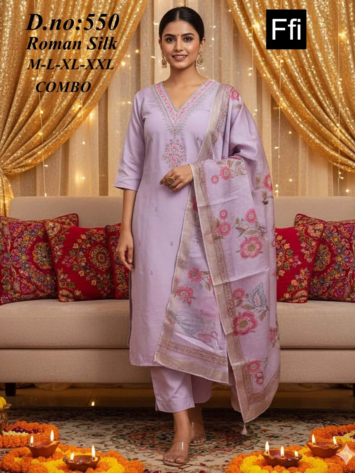 Design 550 Ffi Roman Silk Readymade Pant Style Suits Supplier India